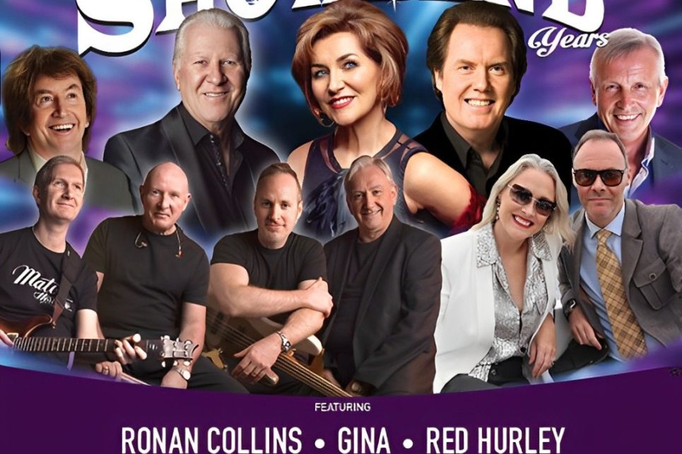 Poster with collage of images of the artists featured in the show with The Showband written above and their names listed below
