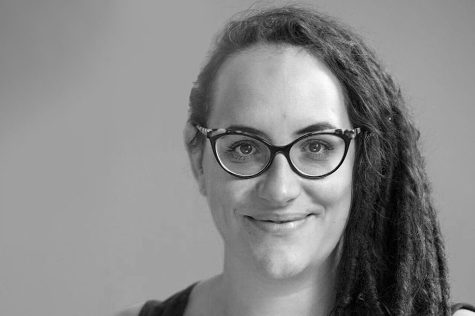 A black and white portrait photograph of Sinead O'Donnell Carey