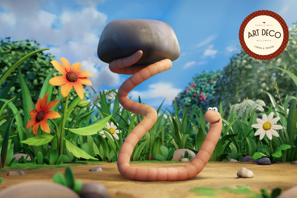 A cartoon illustration of the Superworm holding a rock