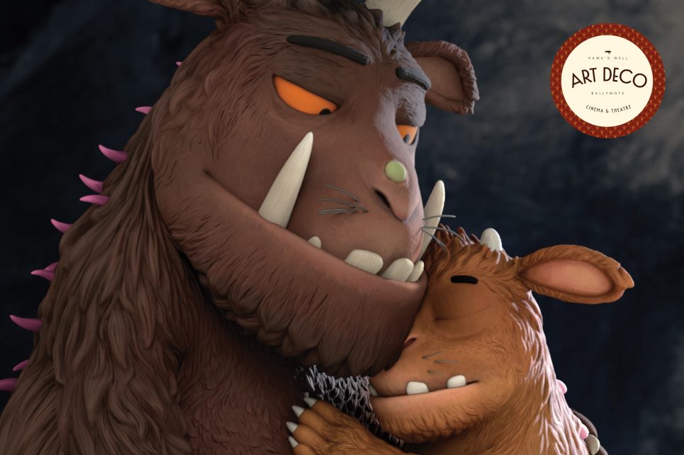 A cartoon illustration of the Gruffalo and his child