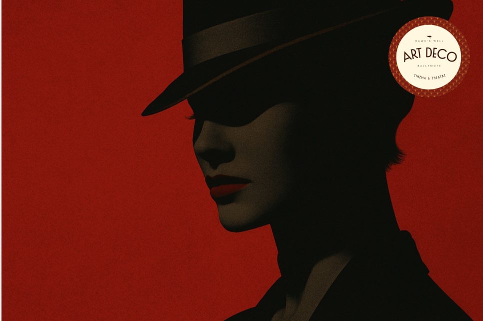 Graphic of silhouetted lady wearing a hat against a red backdrop
