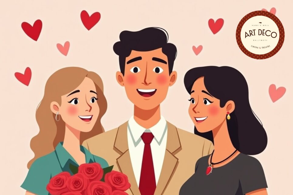 Animated image of a man in a suit smiling with two women either side of him and love hearts in the background