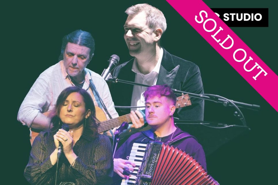 Graphic montage of musicians performing against a black background