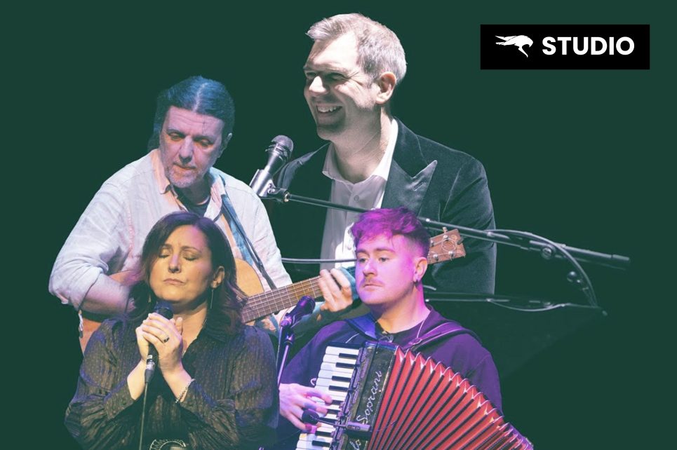 Graphic montage of musicians performing against a black background