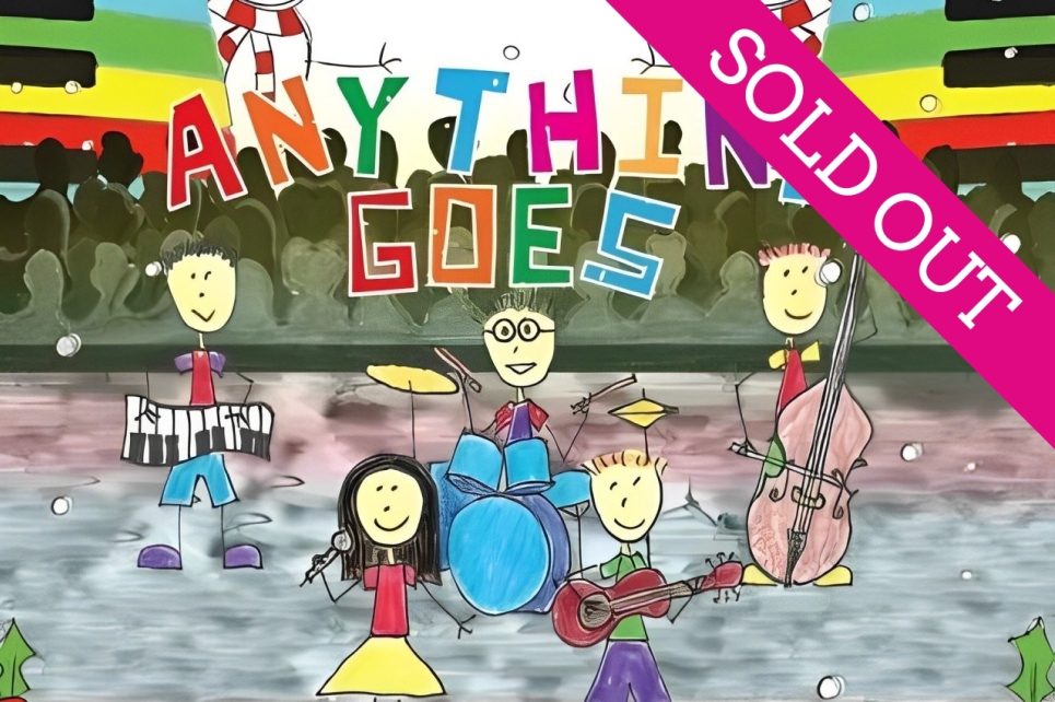 A children's drawing of the band Anything Goes performing on stage