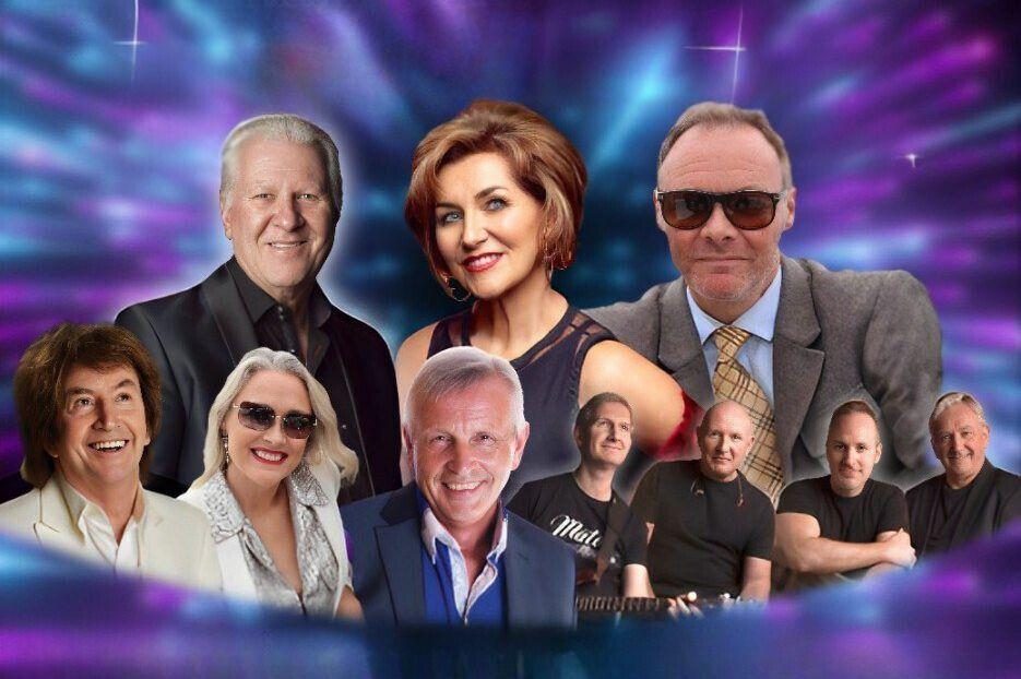 Image shows portraits of Ronan Collins, Gina from the Champions, Keith and Lorraine McDonald, Shaun O'Dowd, Dave Lawlor, and The Conquerors Showband in front of an abstract blue, purple, and black background