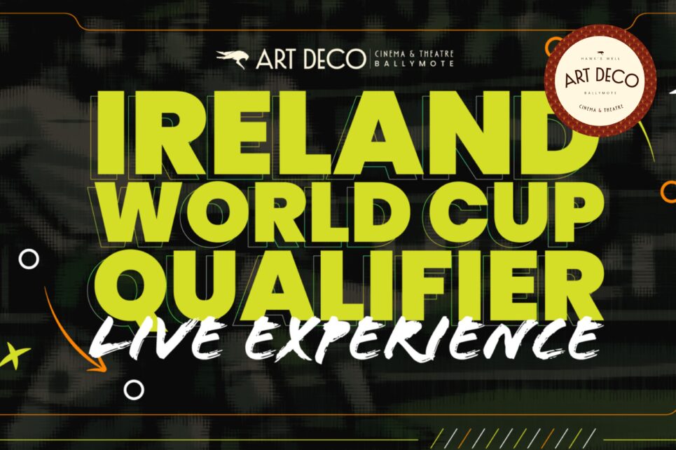 Promotional graphic for "Ireland World Cup Qualifier Live Experience". Features bold lime-green and white text on a dark, textured background