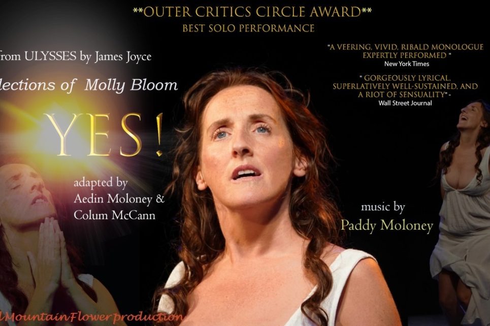 The poster for the performance "Yes! Reflections of Molly Bloom". At the center of the image is Aedín Moloney in character as Molly Bloom. She's surrounded by various quotes made about the show. The poster for the performance "Yes! Reflections of Molly Bloom". At the center of the image is Aedín Moloney in character as Molly Bloom. She's surrounded by various quotes made about the show.