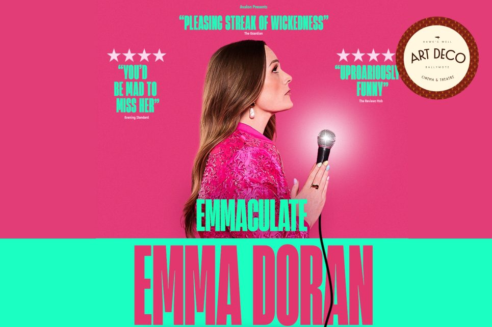 A poster in pink and green with Emma Doran in the centre.