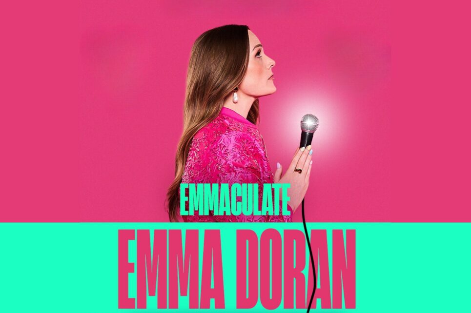 side profile of woman holding microphone against pink background