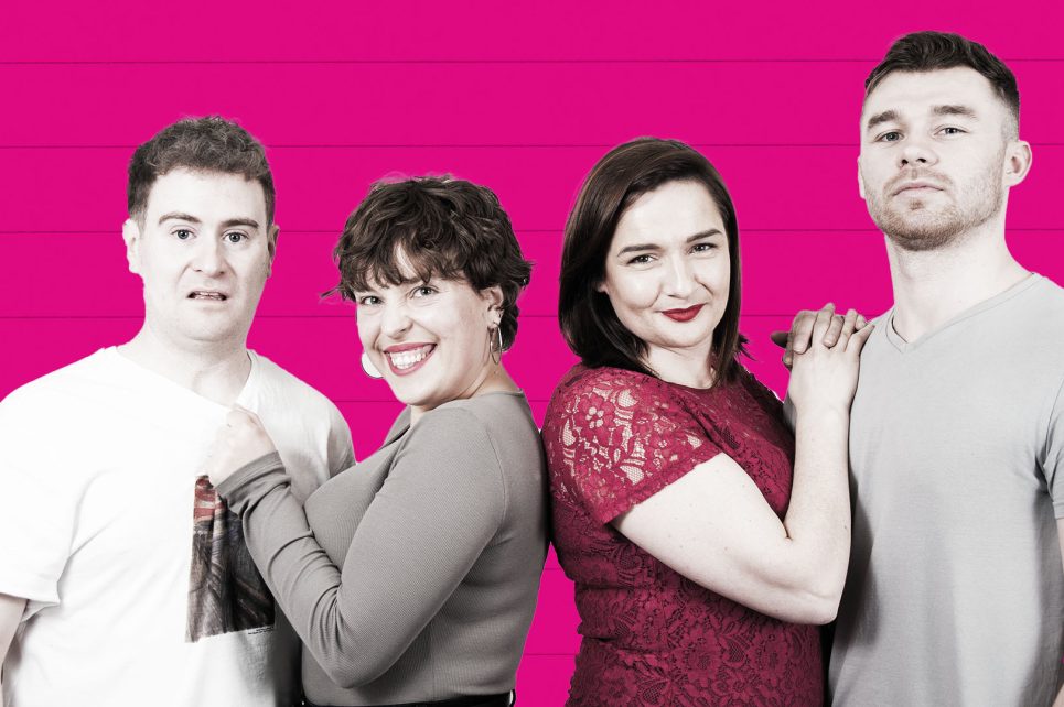 A black and white photograph of the cast of I Love You, You're Perfect, Now Change. The background in the photograph is bright pink.  A black and white photograph of the cast of I Love You, You're Perfect, Now Change. The background in the photograph is bright pink.
