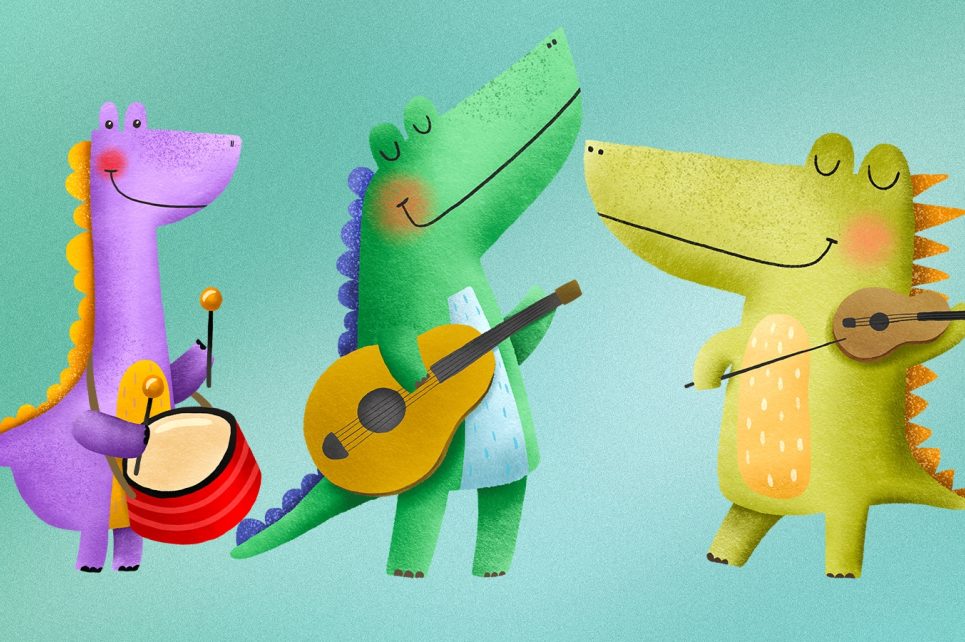 Three crocodiles are playing musical instruments and singing. Three crocodiles are playing musical instruments and singing.