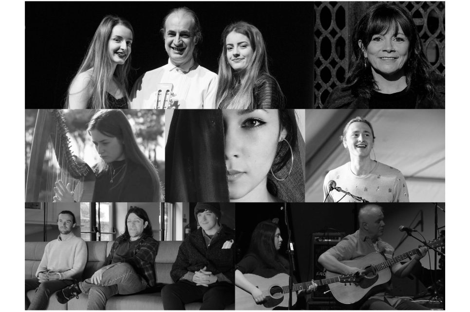 A collage of black and white photographs depicting the members of O’Dowd, Grennan, Carbonell and Kelly families.