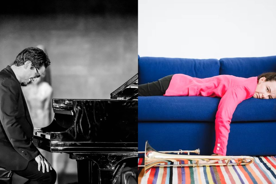 Pianist at a piano and a woman flopped faced down on a couch