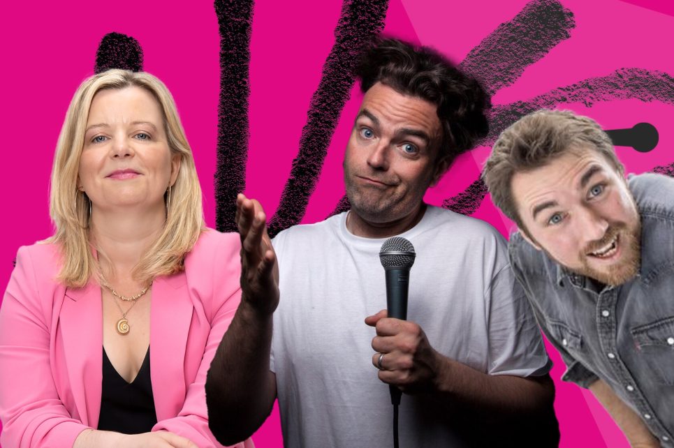 Sharon Mannion, Terry Markey and Eddie Mullarkey in front of a hot pink background with black accents