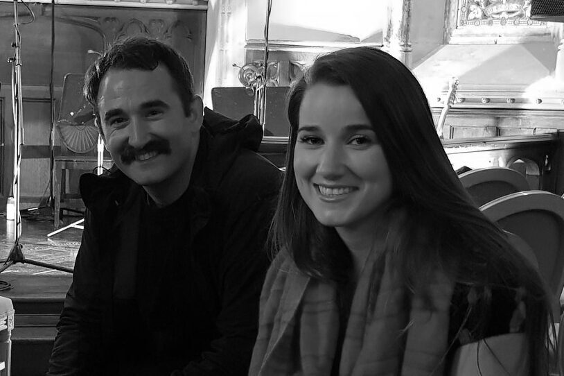 A black and white photograph of Niamh and Sean Farrell