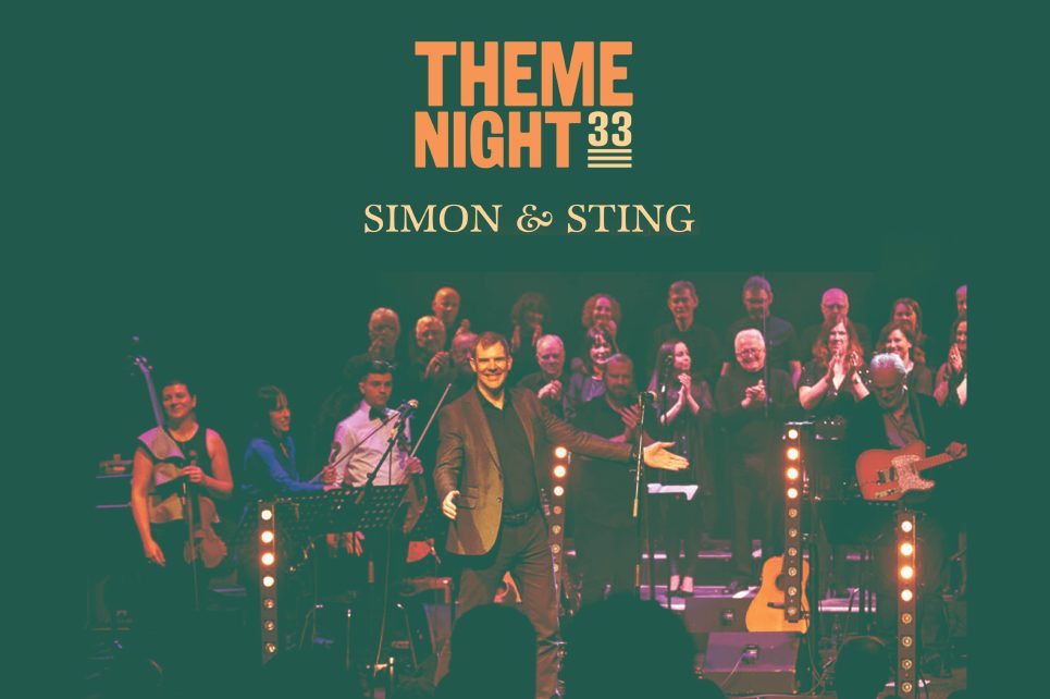 The poster for Kieran Quinn's Theme Night featuring the performers on stage during a previous event and the title above the photograph.