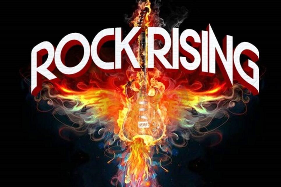 The poster for the show Rock Rising. At the top is the show title in stylized letters. At the centre of the image is an electric guitar surrounded by colourful flames which form the shape or a phoenix.