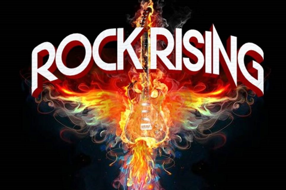 The poster for the show Rock Rising. At the top is the show title in stylized letters. At the centre of the image is an electric guitar surrounded by colourful flames which form the shape or a phoenix.