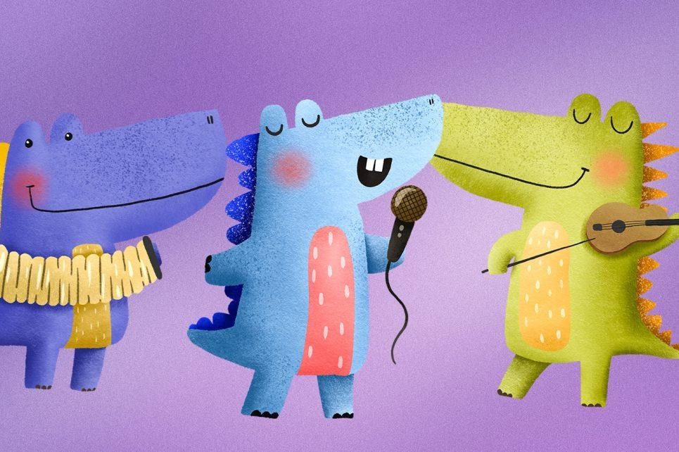 Three crocodiles are playing musical instruments and singing. Three crocodiles are playing musical instruments and singing.